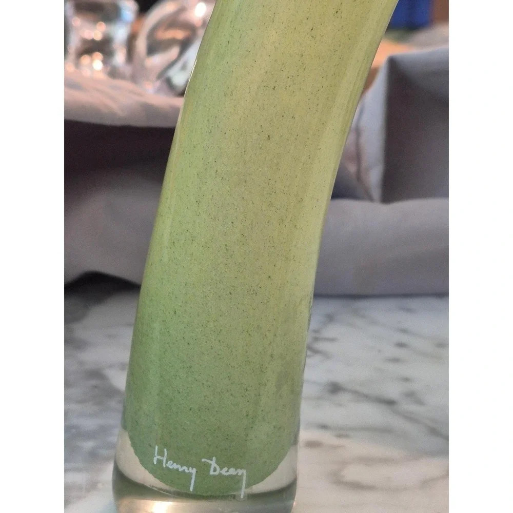 Signed Henry‎ Dean Lichen Green Art Glass Bud Vase Curved Hand Blown Belgium
